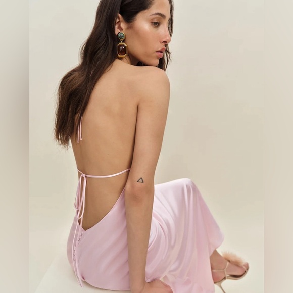 Reformation Jeany Silk Halter Button Slip Maxi Dress Gown Pink Cherry Blossom - Picture 5 of 13